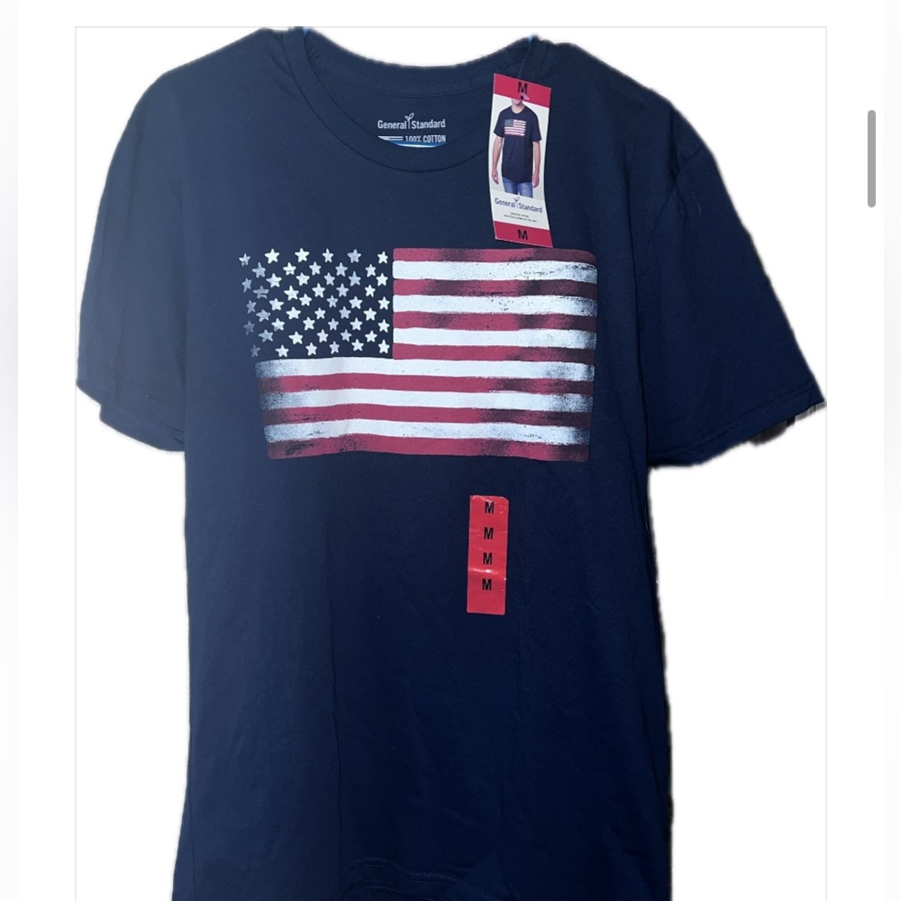 Navy Blue American Flag Men's SS T-Shirt by General Standard NWT 100% Cotton USA